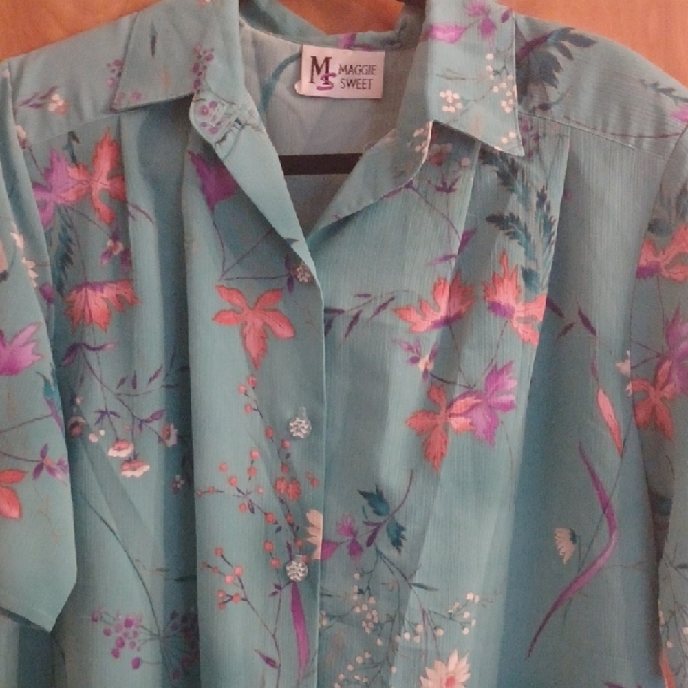 Blue and Pink Floral Blouse with Artistic Design